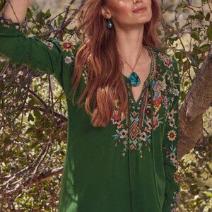 Johnny Was Sunflower Boho Green Tunic S Blouse Top